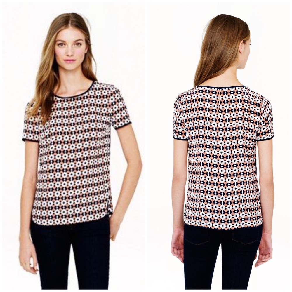 J. Crew Tipped Silk Tee Diamond Tile 2 pink blue